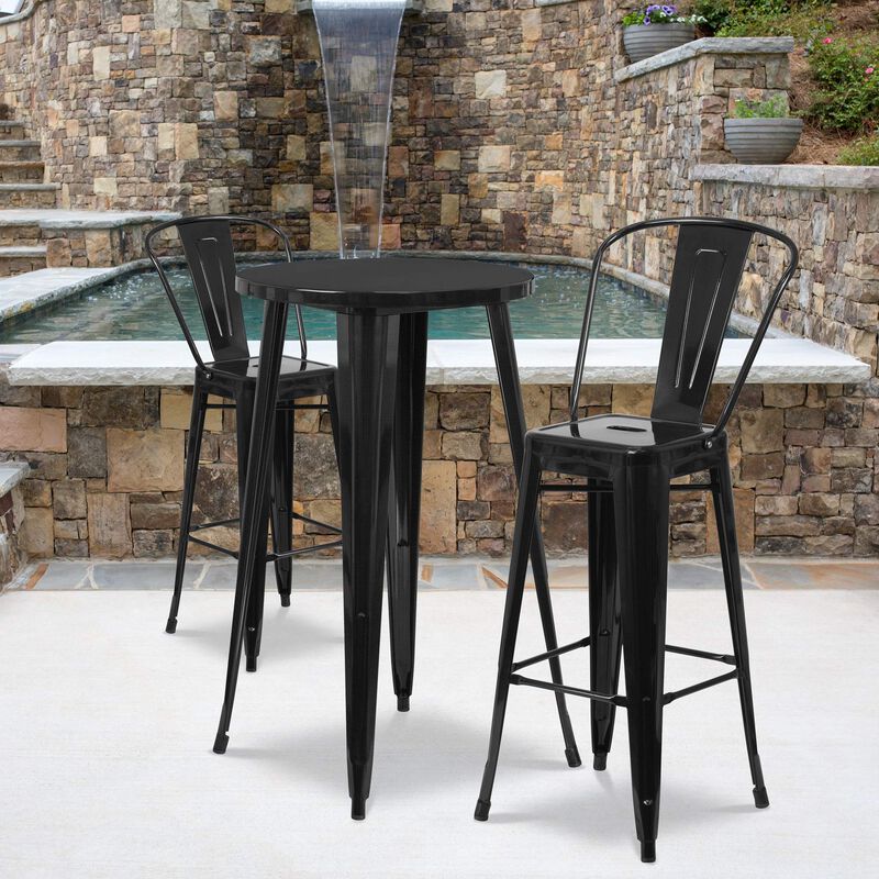Flash Furniture Nichols Commercial Grade 24" Round Black Metal Indoor-Outdoor Bar Table Set with 2 Cafe Stools