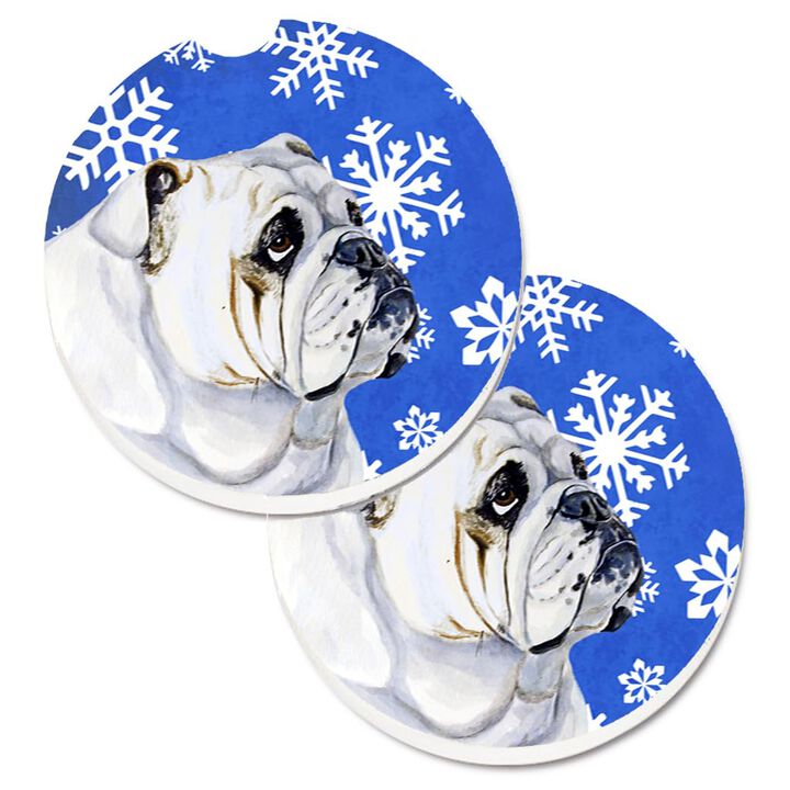Caroline's Treasures Bulldog English Winter Snowflakes Holiday Set of 2 Cup Holder Car Coasters LH9274CARC, 2.56, Multicolor