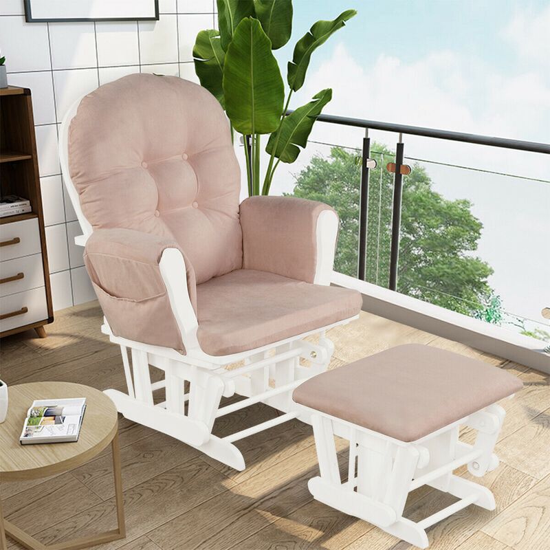 Wood Glider and Ottoman Set with Padded Armrests and Detachable Cushion