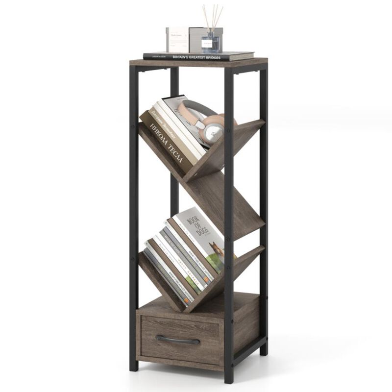 Hivvago 4 Tier Floor Tree Bookshelf with Drawer and Metal Frame