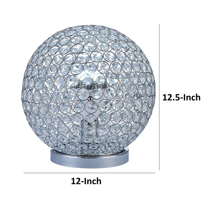 Hazel 13 Inch Table Lamp, Crystal, LED Globe Shade, Metal, Clear Finish - Benzara