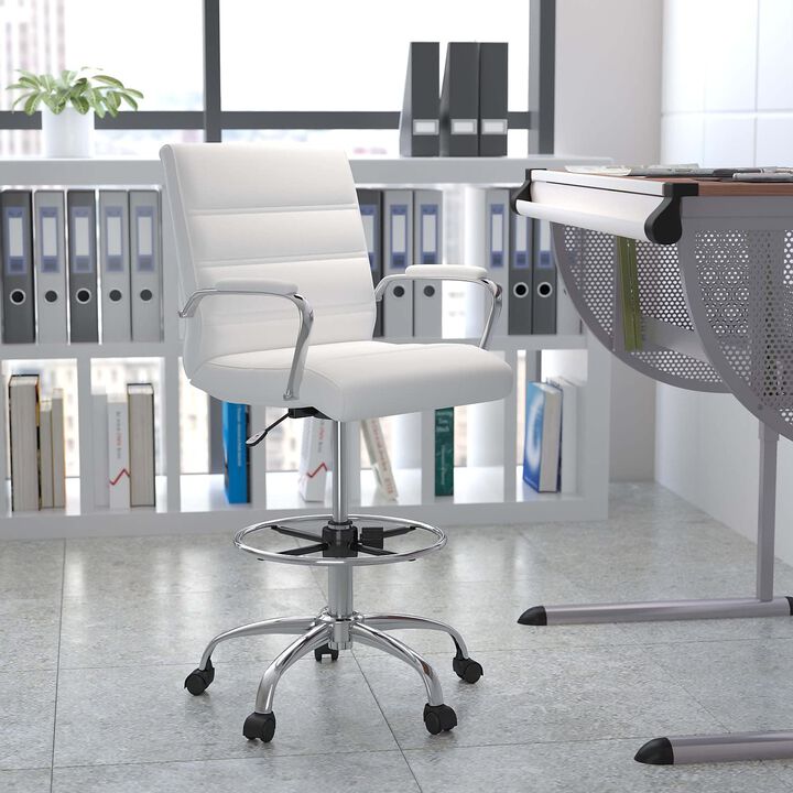 Flash Furniture Whitney Adjustable Height Drafting Chair - Contemporary Mid-Back White LeatherSoft Drafting Stool Chair - Adjustable Foot Ring & Chrome Base