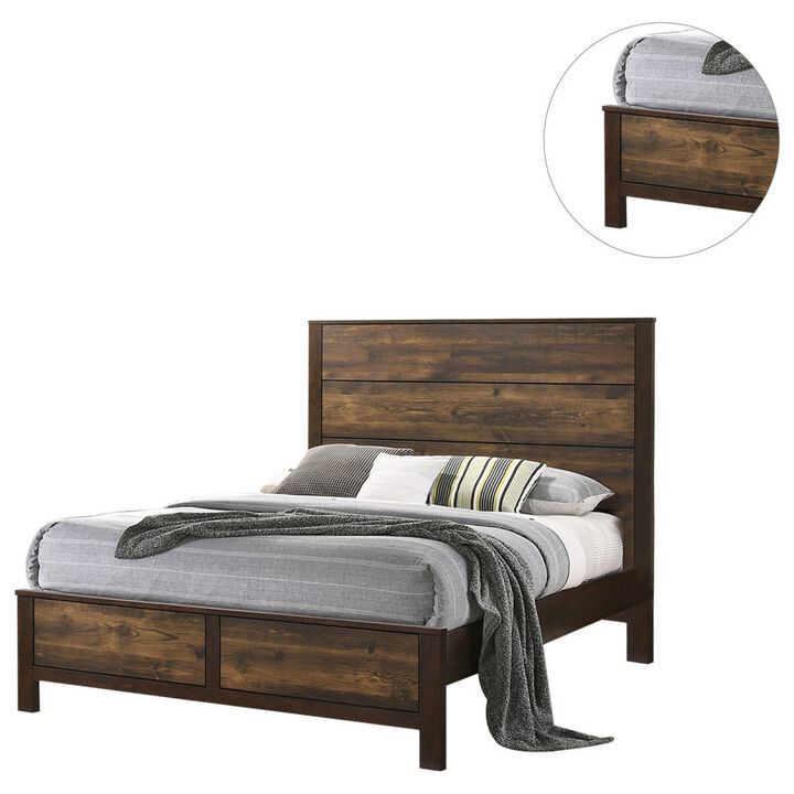 Roki Platform California King Bed with Panel Design, Rustic Brown Finish - Benzara