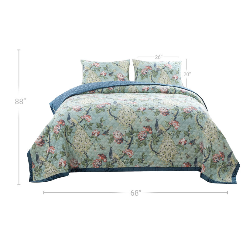 Eden 2 Piece Twin XL Quilt Set, Peacock and Songbirds, Green Microfiber - Benzara