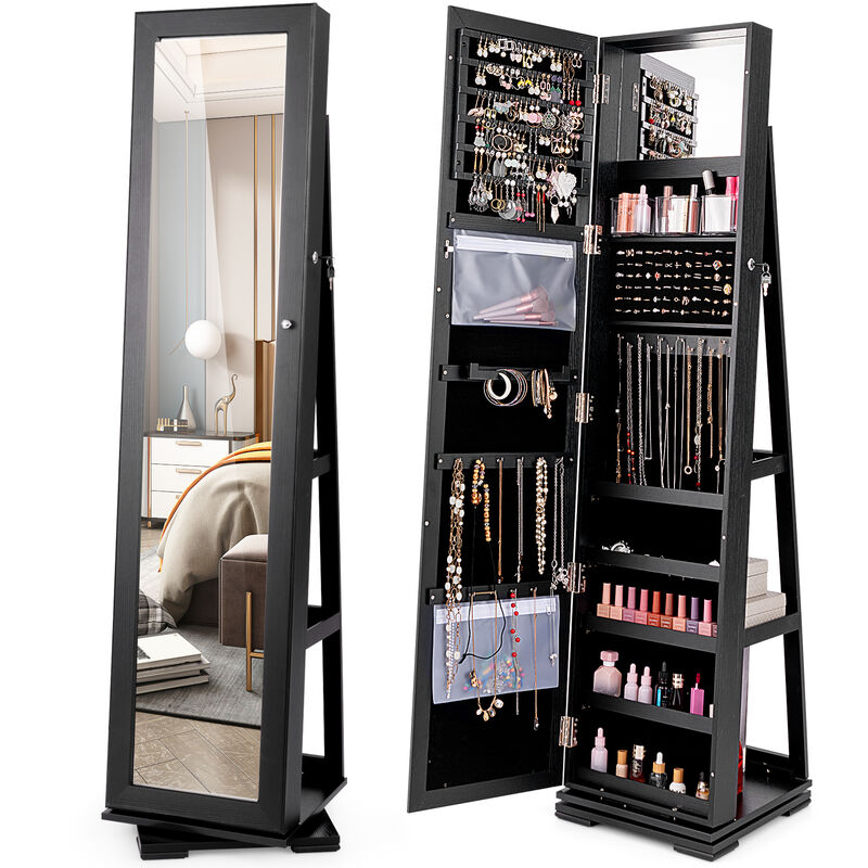 360&deg; Rotatable 2-in-1 Lockable Jewelry Cabinet with Full-Length Mirror