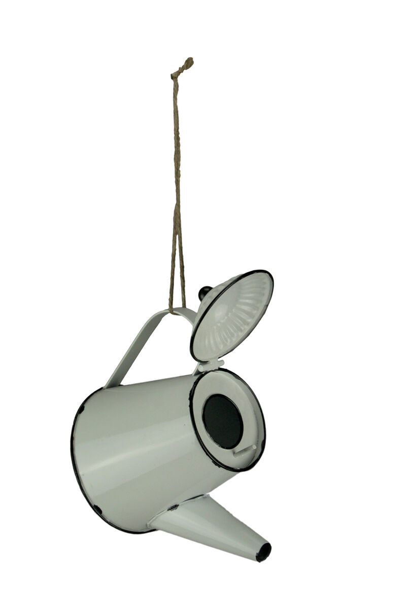 White Enamel Metal Rustic Tea Kettle Decorative Outdoor Hanging Birdhouse Small image number 0