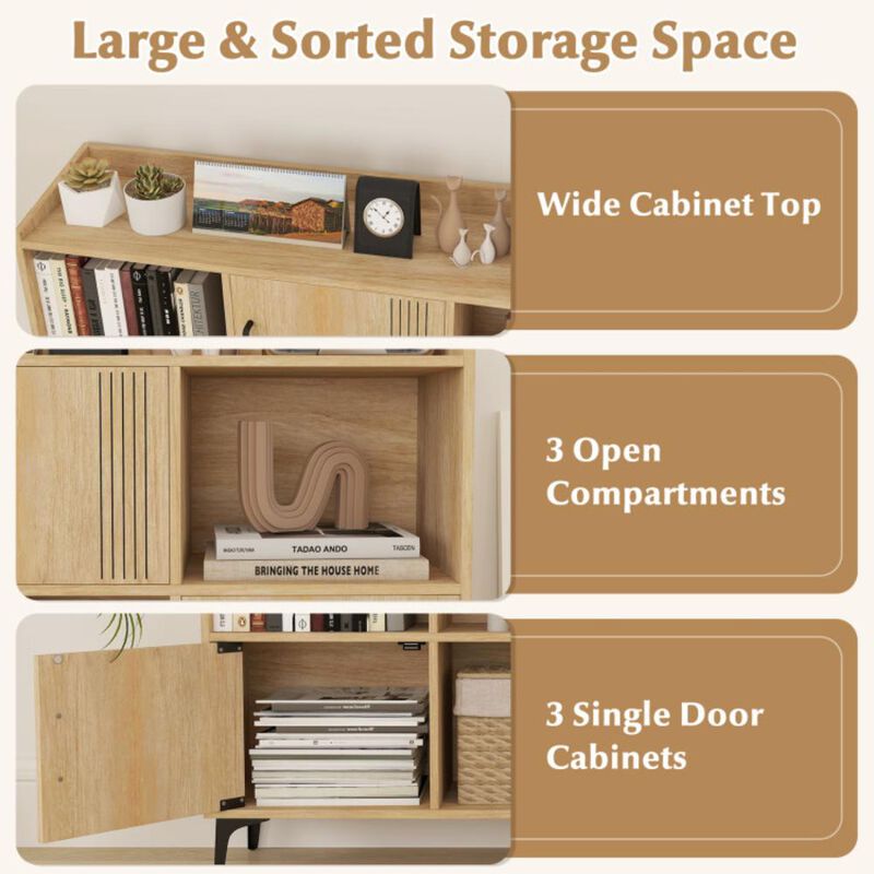 Hivvago Sideboard Storage Cabinet Bookcase with 3 Doors and Open Compartments