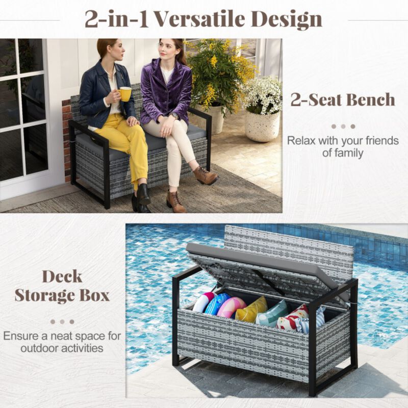 Patio Wicker Storage Bench Outdoor Loveseat with 40 Gallon Built-in Storage and Cushion image number 8