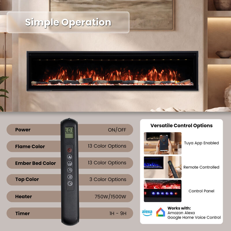 Mondawe 72" Smart Electric Fireplace with 13 Flame Colors, WiFi & Voice Control, LED Ember Bed & Remote image number 3