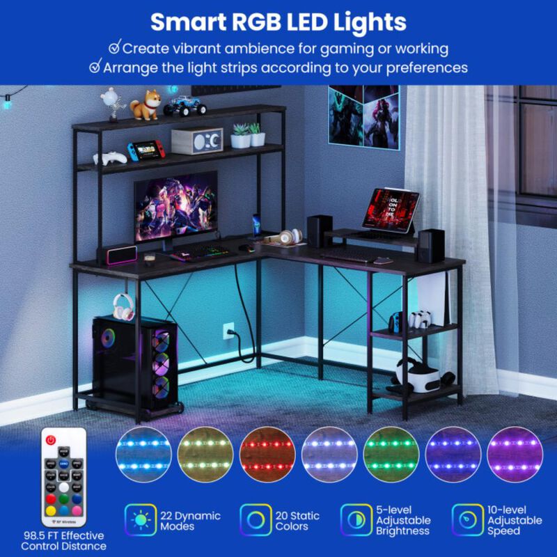 Hivvago L-Shaped Reversible Gaming Desk with LED Strip and Power Outlets Hutch Monitor Stand