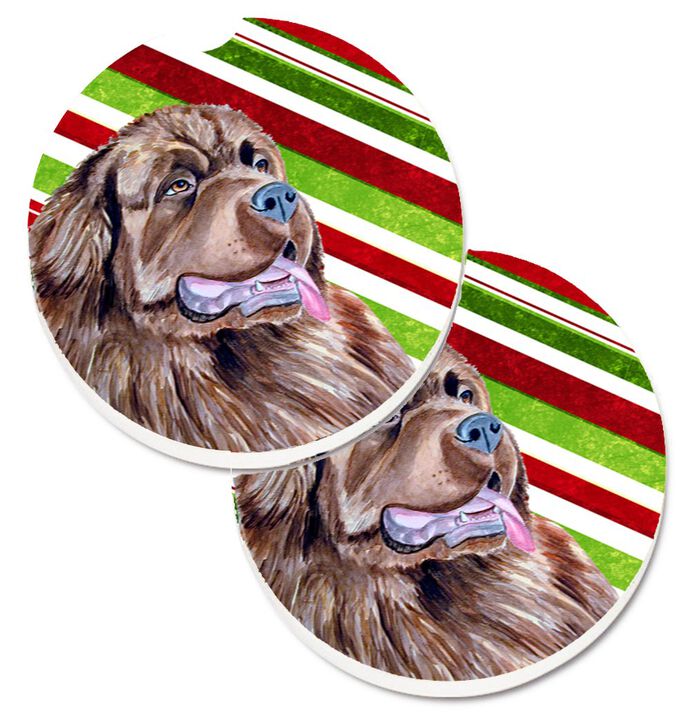 Caroline's Treasures Newfoundland Candy Cane Holiday Christmas Set of 2 Cup Holder Car Coasters LH9219CARC, 2.56, Multicolor