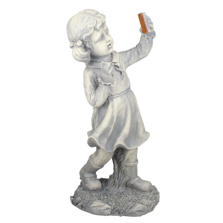 18" Distressed Gray Girl with Cell Phone Solar Powered LED Lighted Outdoor Patio Garden Statue