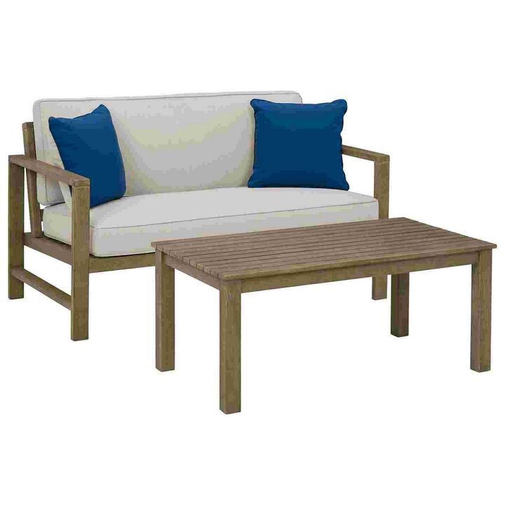 2 Piece Outdoor Loveseat and Table with Fabric Cushions, Brown-Benzara