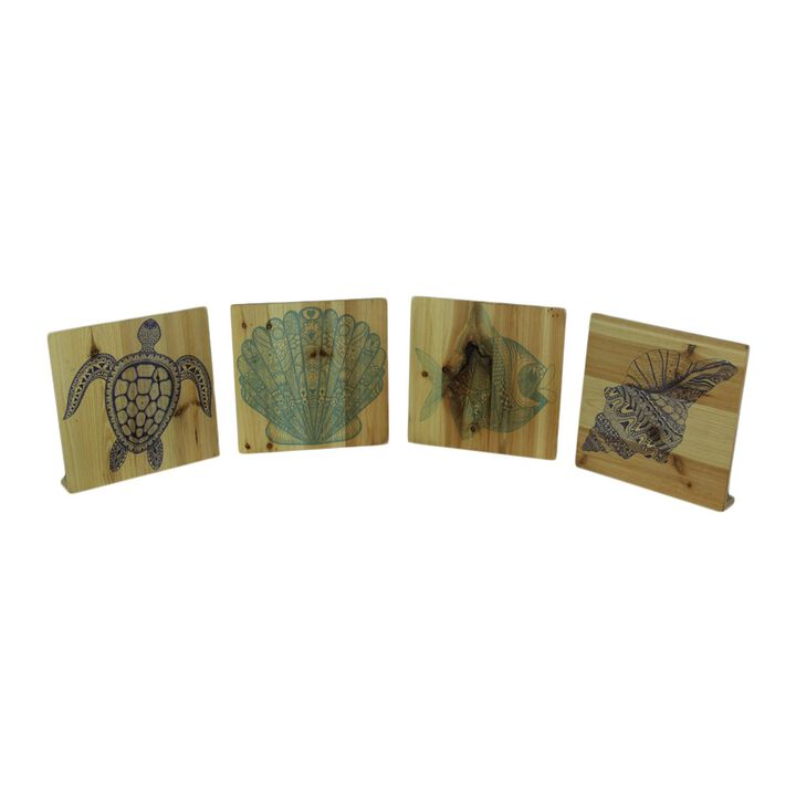 Set Of 4 Wood Turtle Fish And Shell Blocks