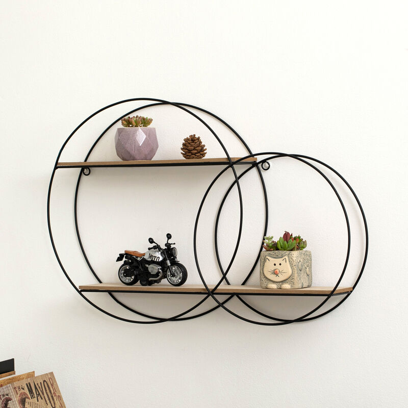 Vintiquewise Interlinked Round Wall-Mounted Shelf - Dual-Size Circular Design, Sturdy Metal Frame and 2-Tier Wooden Shelves for Modern Decor, Home Organization and Practical Storage Solutions, Black