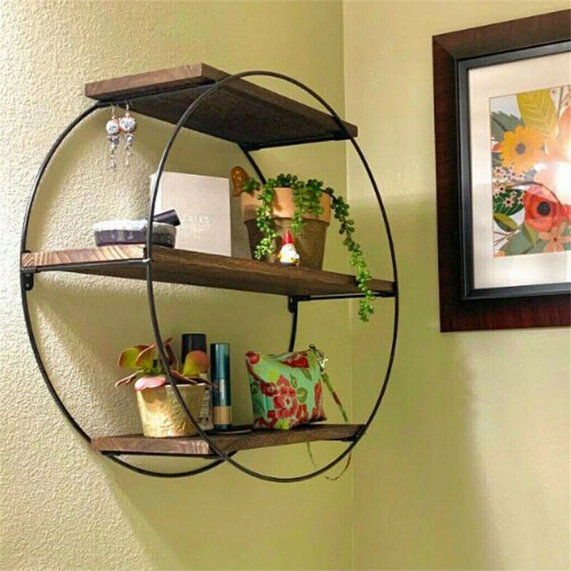 Hanging Storage Shelf Round Circular Wall Mounted 3-Tier Rack Decoration Black image number 3
