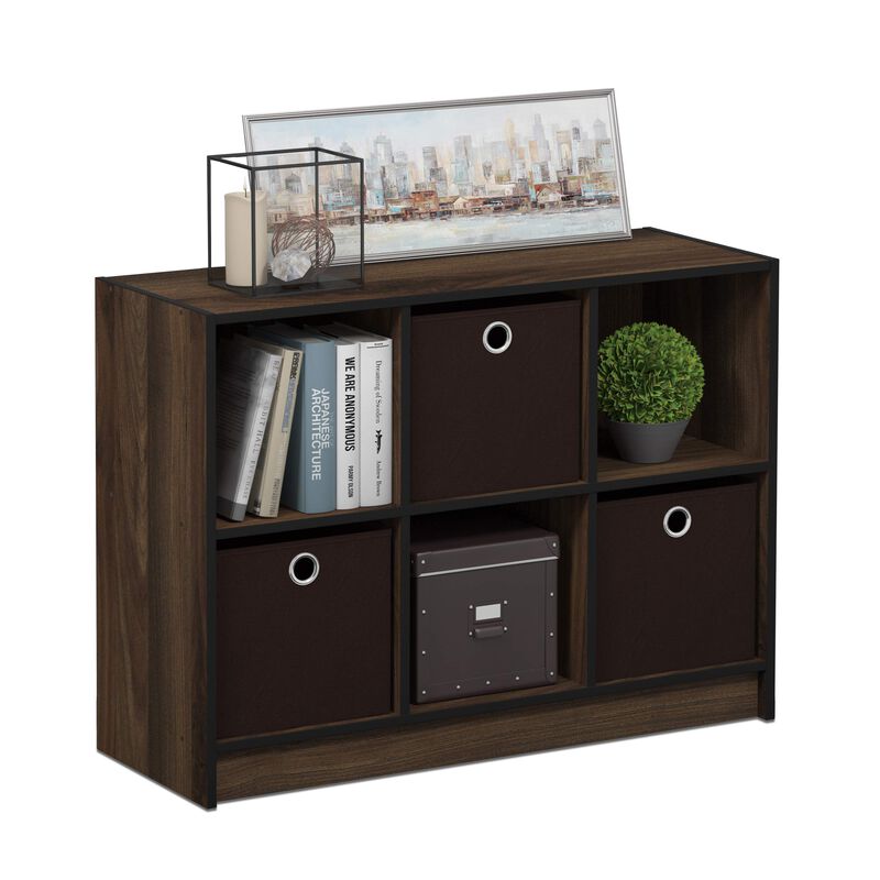 Furinno BASIC Book Shelf, 6-Cube Bookshelf with Open Shelf, 3 x 2 Bookcase with Storage Bins, Closed Back, Horizontal, 11.9 x 31.6 x 23.6, for Living Room, Bedroom, Home Office, Columbia Walnut image number 0
