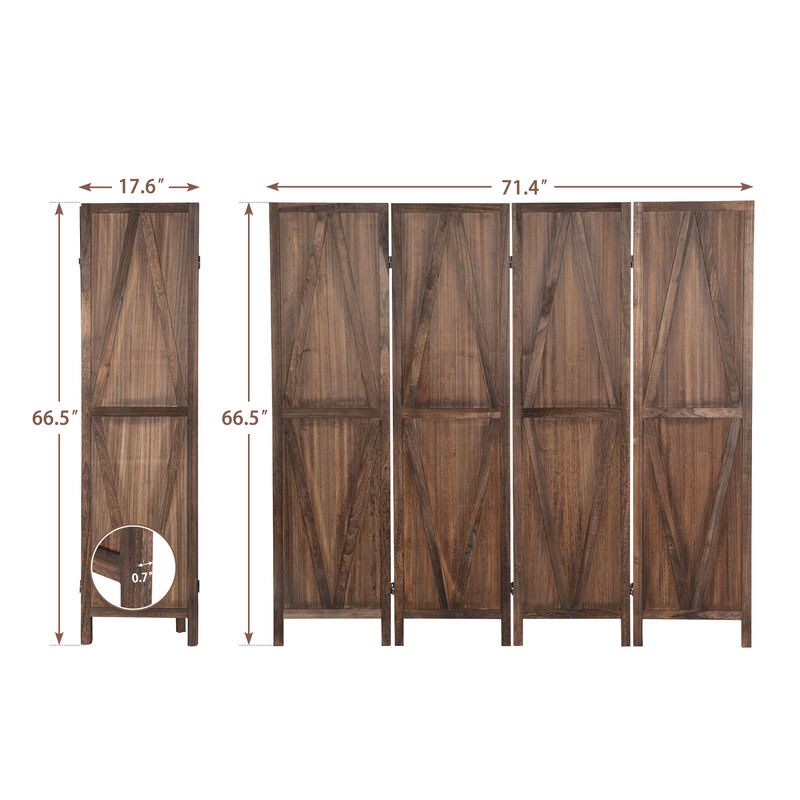Rustic 72"W x 67"H 4-Panel Room Divider, Folding Privacy Screens, Wood Partition Wall Divider for Room Separation, Temporary Wall