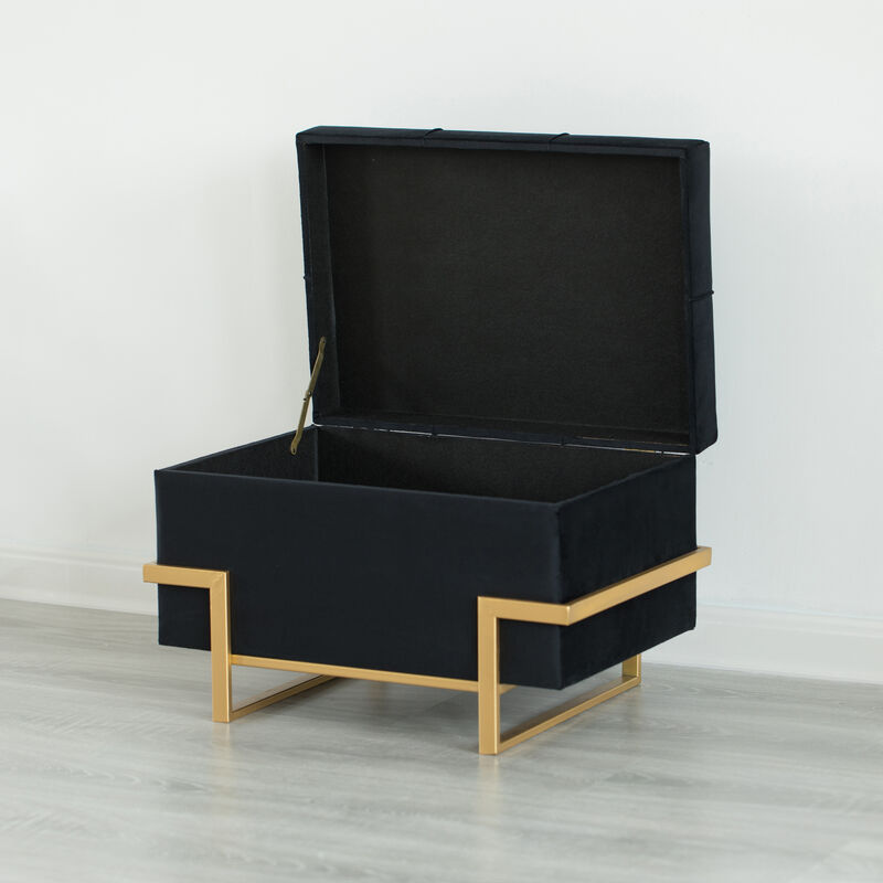 Rectangular Velvet Storage Ottoman with Gold Legs, Black