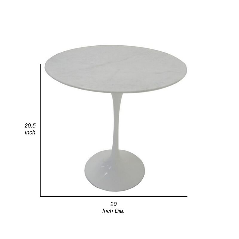 Sufi 21 Inch Side End Table, Round Top, Pedestal Base, Marble White Finish