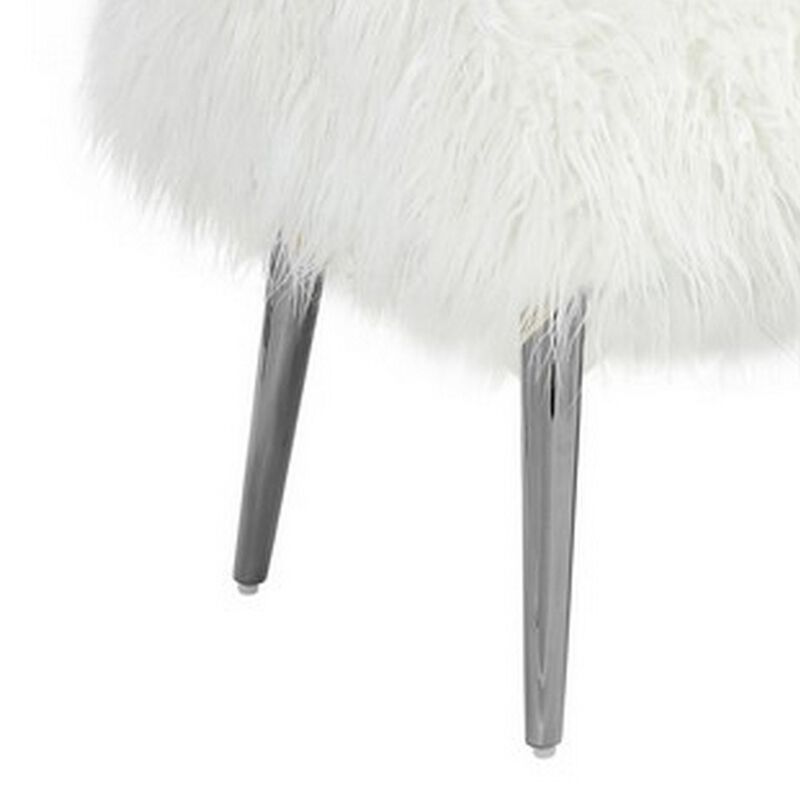 Ammy 45 Inch Bench with Foam Fill Seat, White Faux Fur, Silver Metal Legs - Benzara