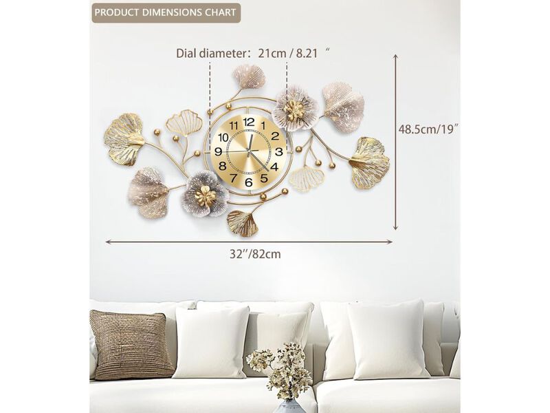 32" x 18" Large 3D Wall Clock - Silent Retro Metal Ginkgo Leaf Design for Living Room & Kitchen image number 2