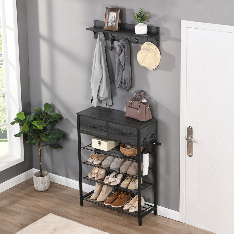 Entryway 4-tier Shoe Shelf with Two Drawers and Coat Rack, One Set Entryway Shoe Rack with Storage and Hooks