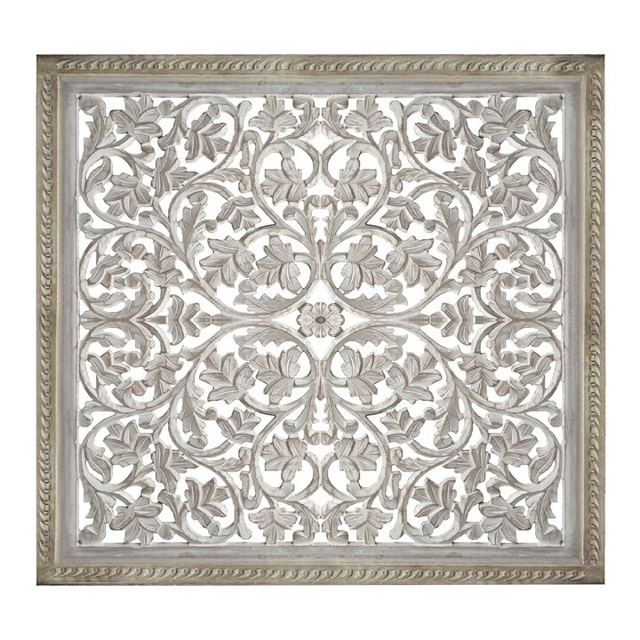 Square Shape Wooden Wall Panel with Cutout Sprig Pattern, Distressed White-Benzara