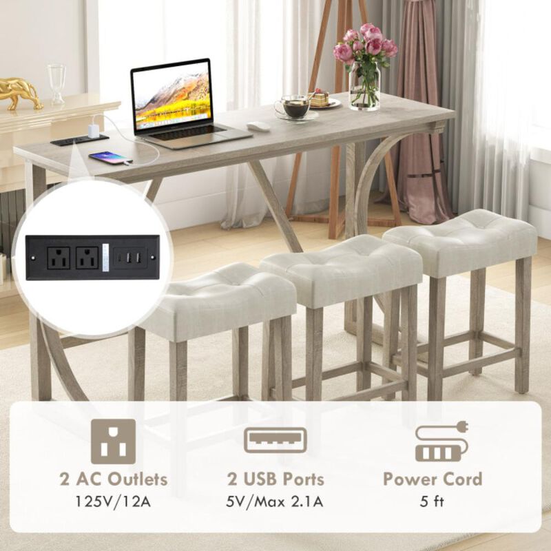 Hivvago 4-Piece Bar Table Set with Power Outlet and Upholstered Saddle Seat Stools