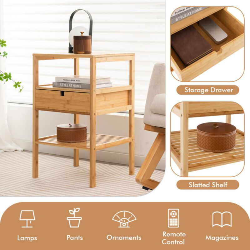 Hivvago Nightstand Set of 2 Bamboo End Table with 2 Open Shelves and Drawer