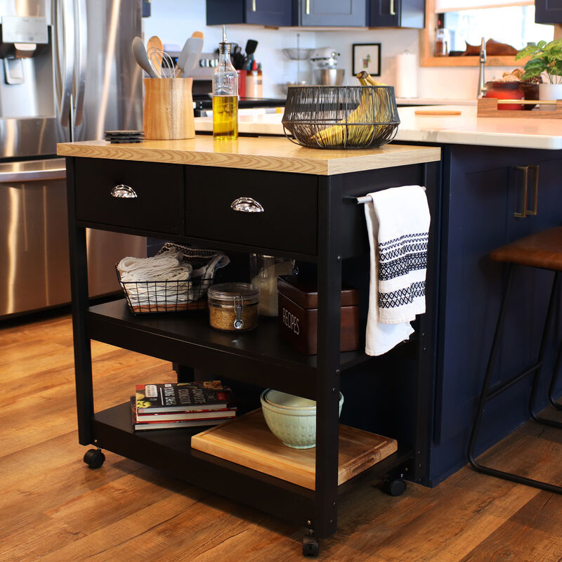 Sunnydaze Farmhouse Kitchen Cart with Drawers and Shelves - Black - 34.25in image number 2