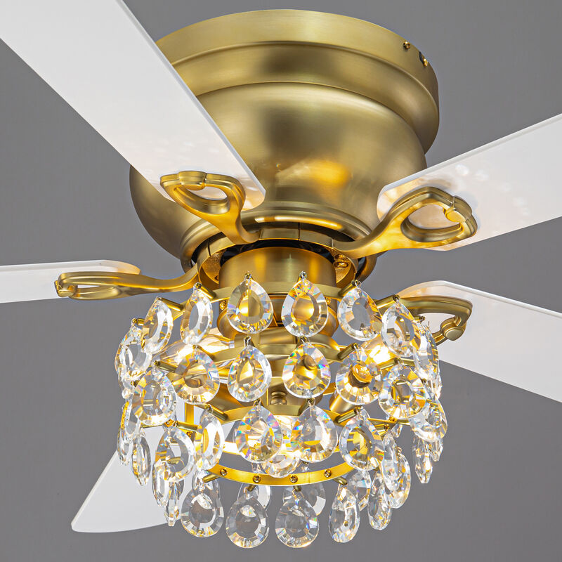 48 in. Soft Brass Crystal Flush Mount Hugger Ceiling Fan with Light and Remote