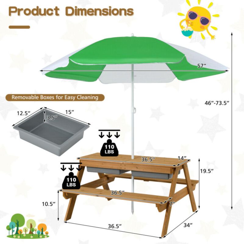 Hivvago 3-in-1 Kids Outdoor Picnic Water Sand Table with Umbrella Play Boxes - Green