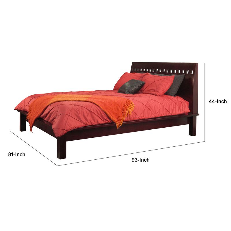 Mox California King Platform Bed, Espresso Wood, Cut Out Headboard Design - Benzara