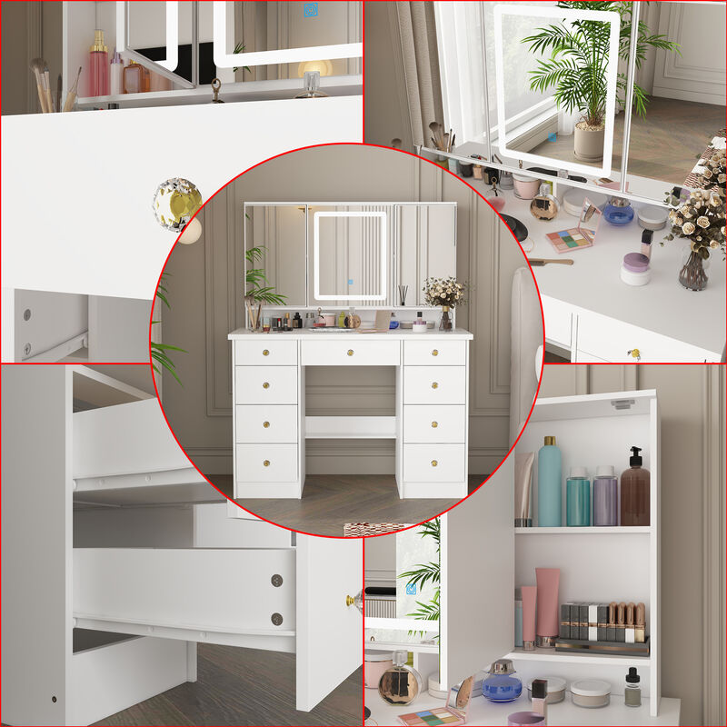 FUFU&GAGA Modern White Makeup Vanity Desk with 9 Drawers, LED Lighted 3 Mirrors, and Hidden Storage Shelves, (43.3 in. L x 19.7 in. W x 53.8 in. H), White