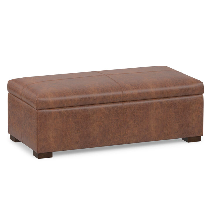 Gabbie 48 inch Wide Contemporary Rectangle Rectangular Storage Ottoman in Distressed Saddle Brown Vegan Faux Leather, Assembled