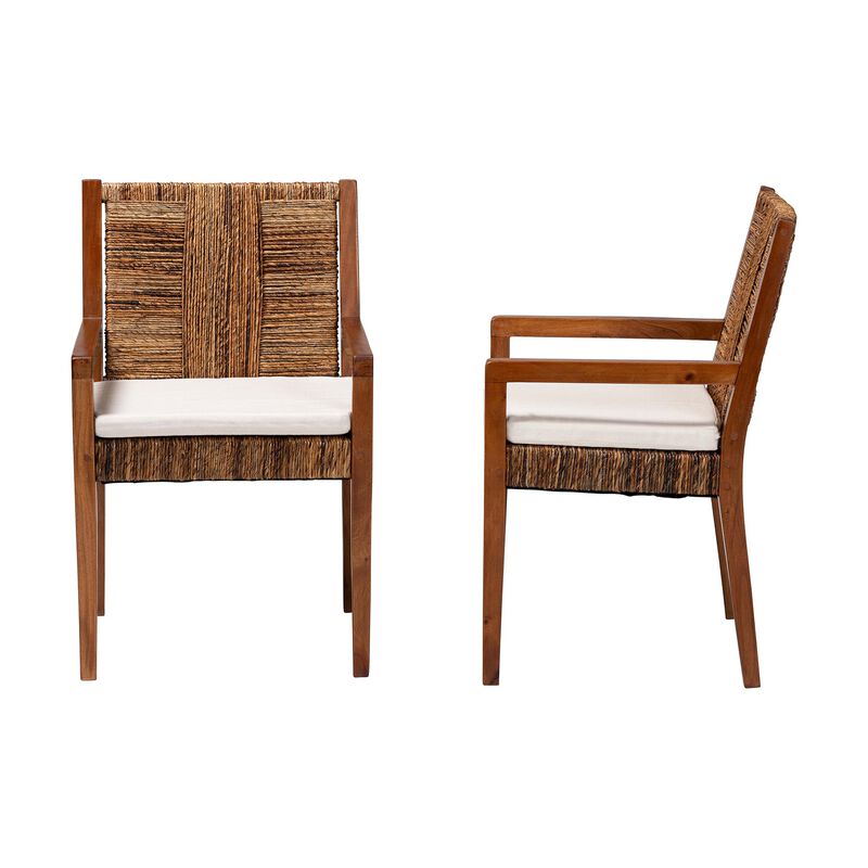 bali & pari Chabela 2-Piece Handwoven Seagrass Armchairs - Solid Mango Wood Frame Dining Chair with Woven Seat and Backrest, Rustic Boho Style Kitchen or Dining Room Seating, Medium Brown