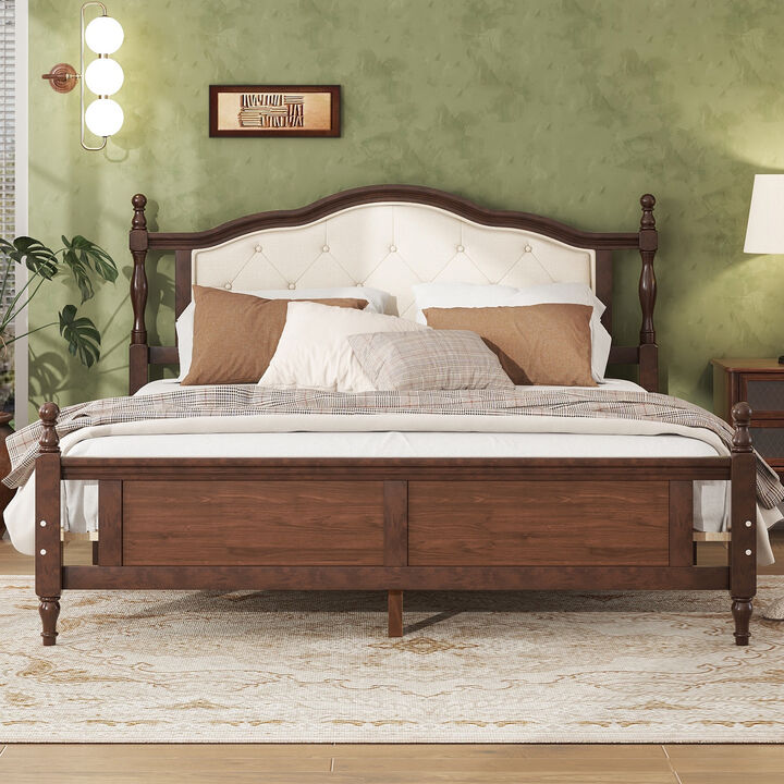 Pine Wood Contemporary Platform Bed with Upholstered Headboard and Panel Footboard