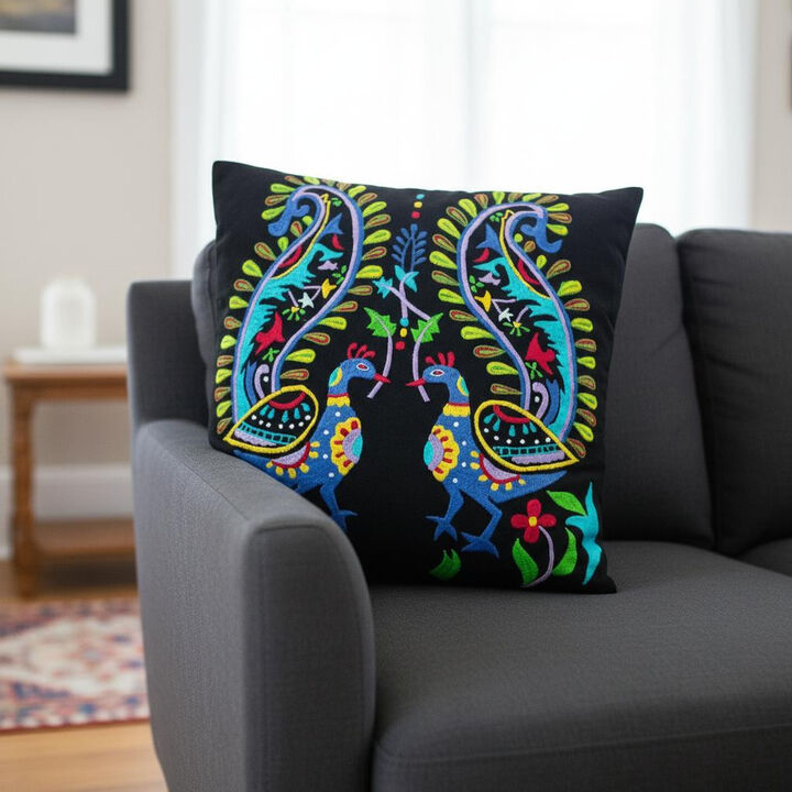 HomeRoots Set of Two 18" Black And Blue Peacock Cotton Throw Pillows with Embroidery