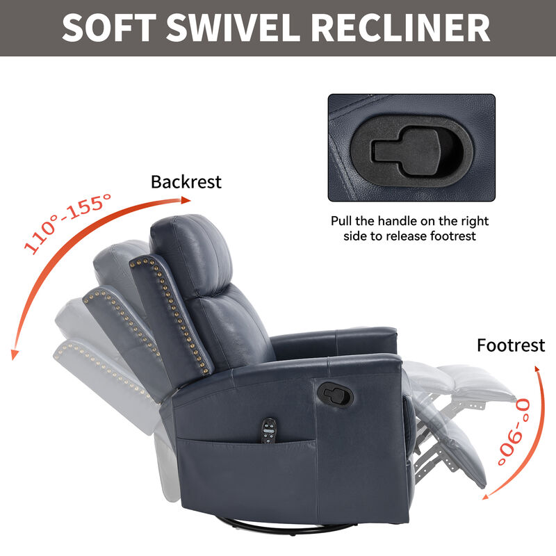 Genuine Leather Heat Massage Manual Recliner Chair with Rocker and Swivel for Living Room image number 8