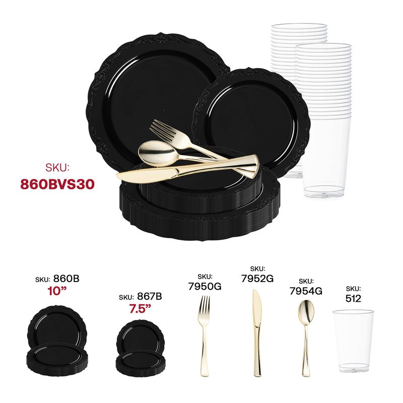 Black Vintage Rim Round Disposable Plastic Wedding Value Set (60 Sets) image number 5