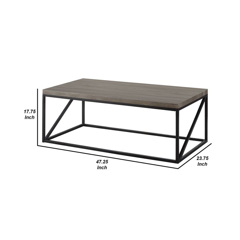 Industrial Style Minimal Coffee Table With Wooden Top And Metallic Base, Gray-Benzara