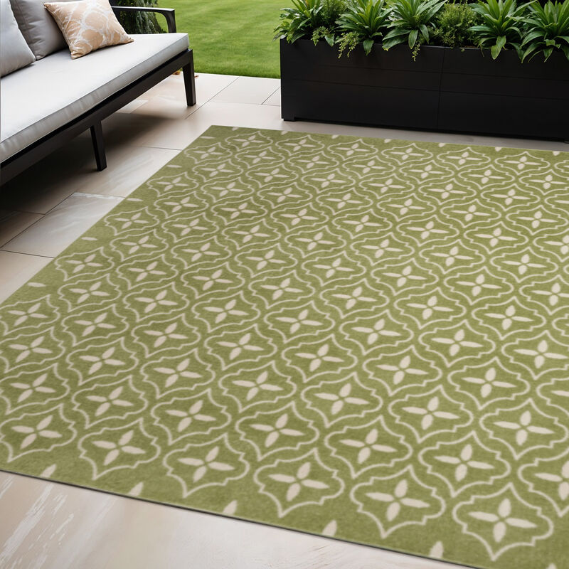 HomeRoots 5' X 7' Green And Ivory Geometric Indoor Outdoor Area Rug image number 1