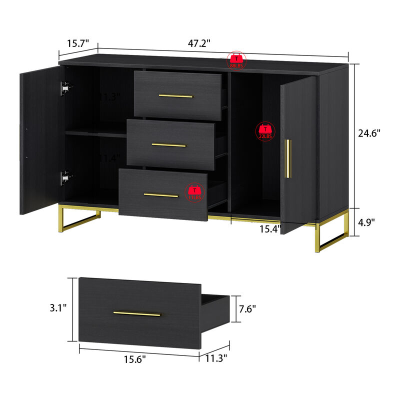 Black Storage Accent Cabinets with 3-Drawers and 2-Cabinets, Metal Legs Cupboard Floor-Standing Sideboard