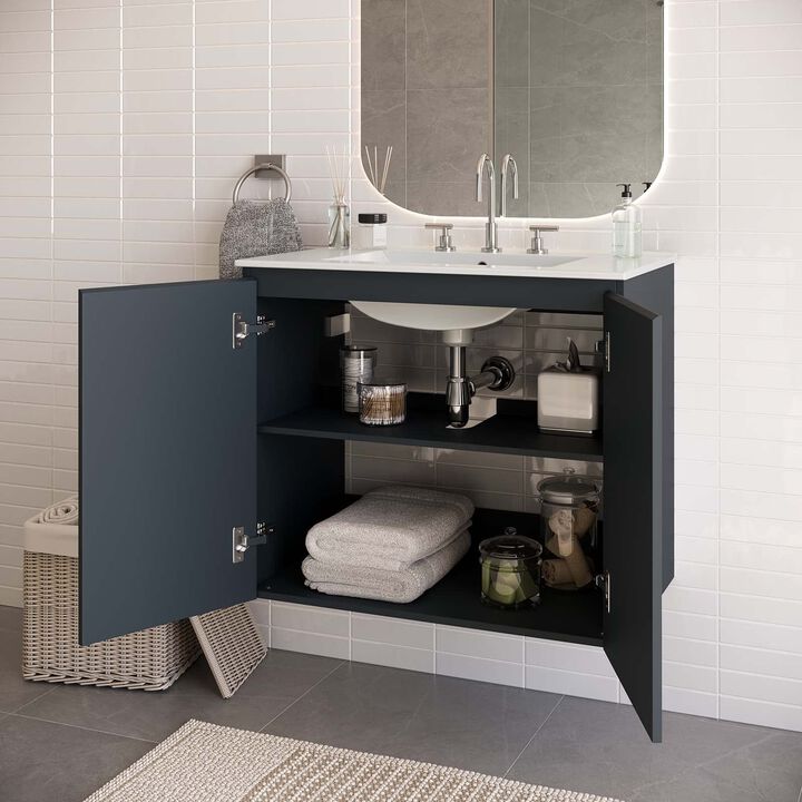 Modway Bryn 30" Modern Wood/Ceramic Wall-Mount Bathroom Vanity in Gray/White
