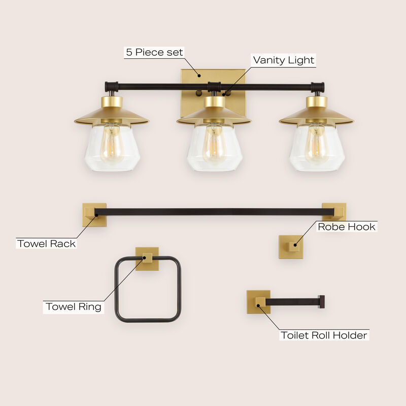 Avalon 26" 3-Light Farmhouse Cottage Vanity Light with Bathroom Hardware Accessory 5-Piece Set