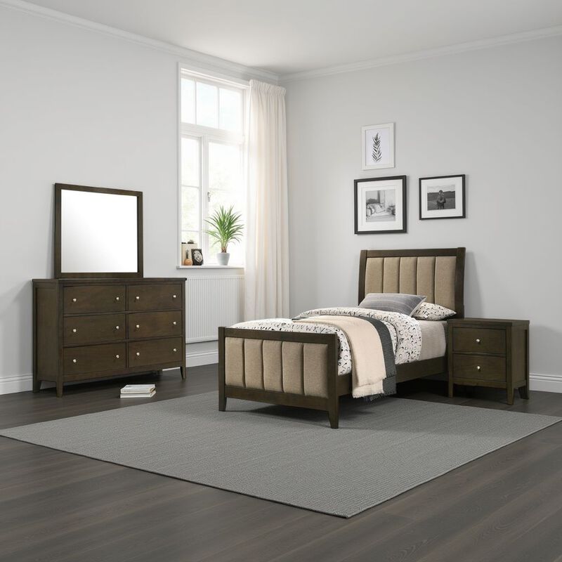 Wily 4pc Twin Size Bedroom Set, Dresser Mirror, Dark Brown Upholstery - Benzara