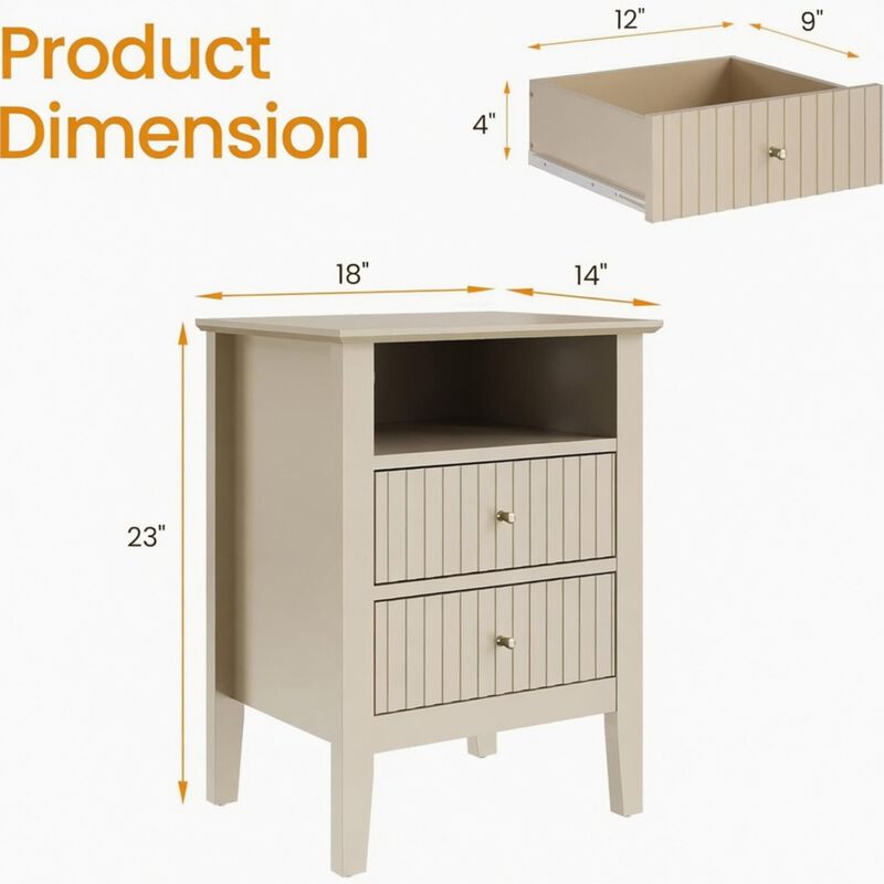18" Assembled Fluted Nightstand Set of 2 2-Drawer Gold Knobs image number 3