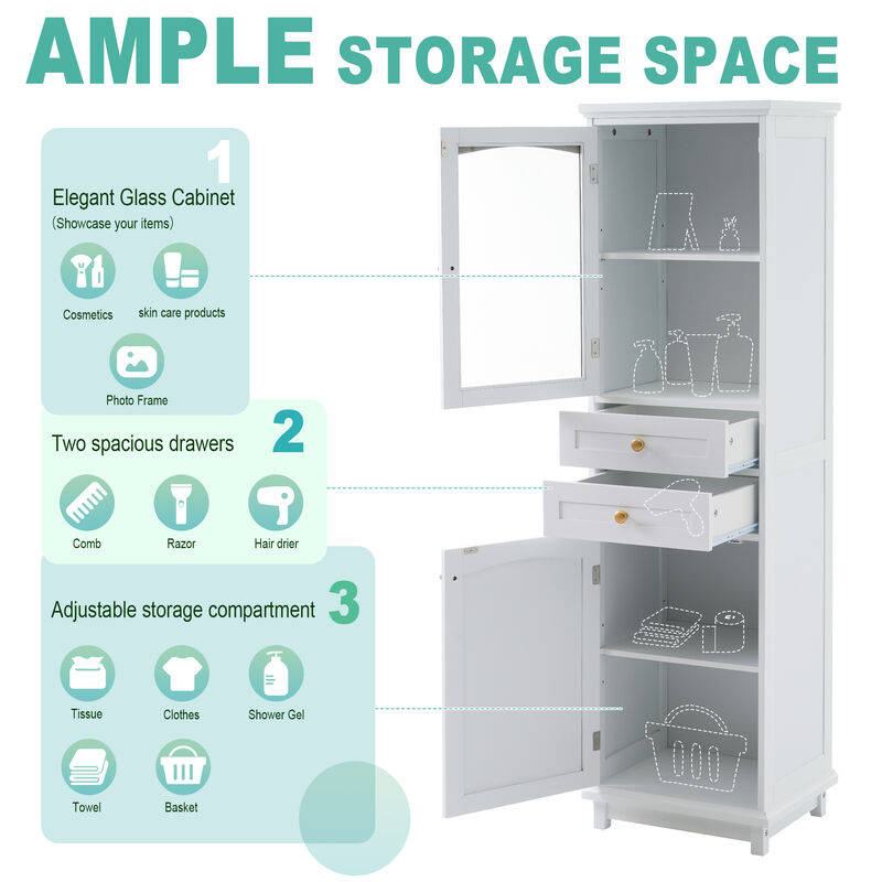Merax Tall Bathroom Storage Cabinet with Glass Doors