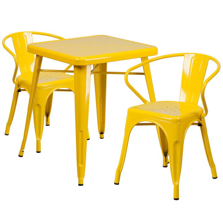 Flash Furniture Commercial Grade 23.75" Square Yellow Metal Indoor-Outdoor Table Set with 2 Arm Chairs